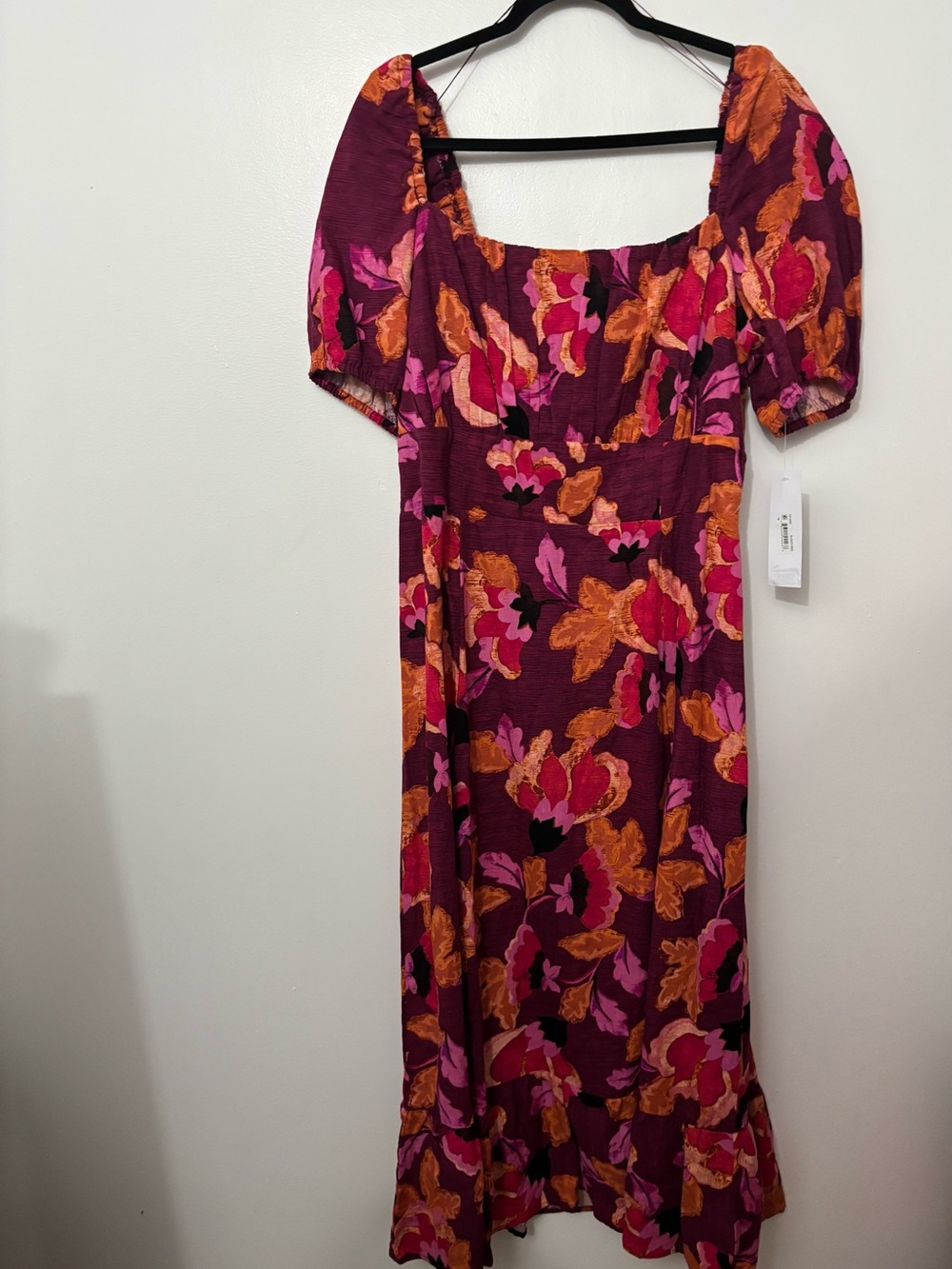 London Times Burgundy Floral Square-Neck Midi Dress with Pink and Orange Accents